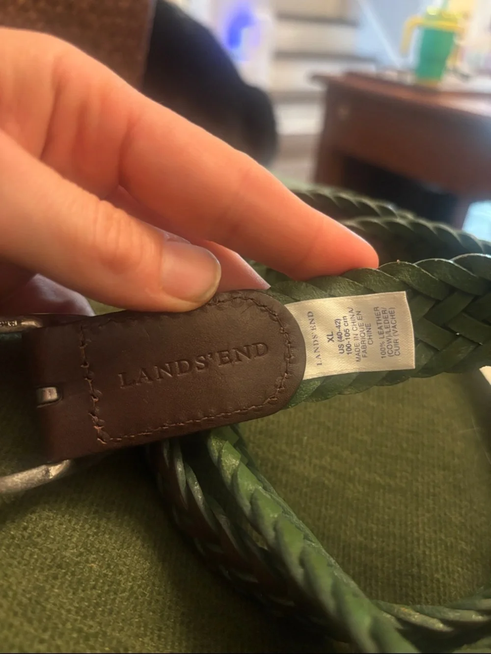 2 Lands' End Braided Leather Belt with solid brass/silver toned buckle